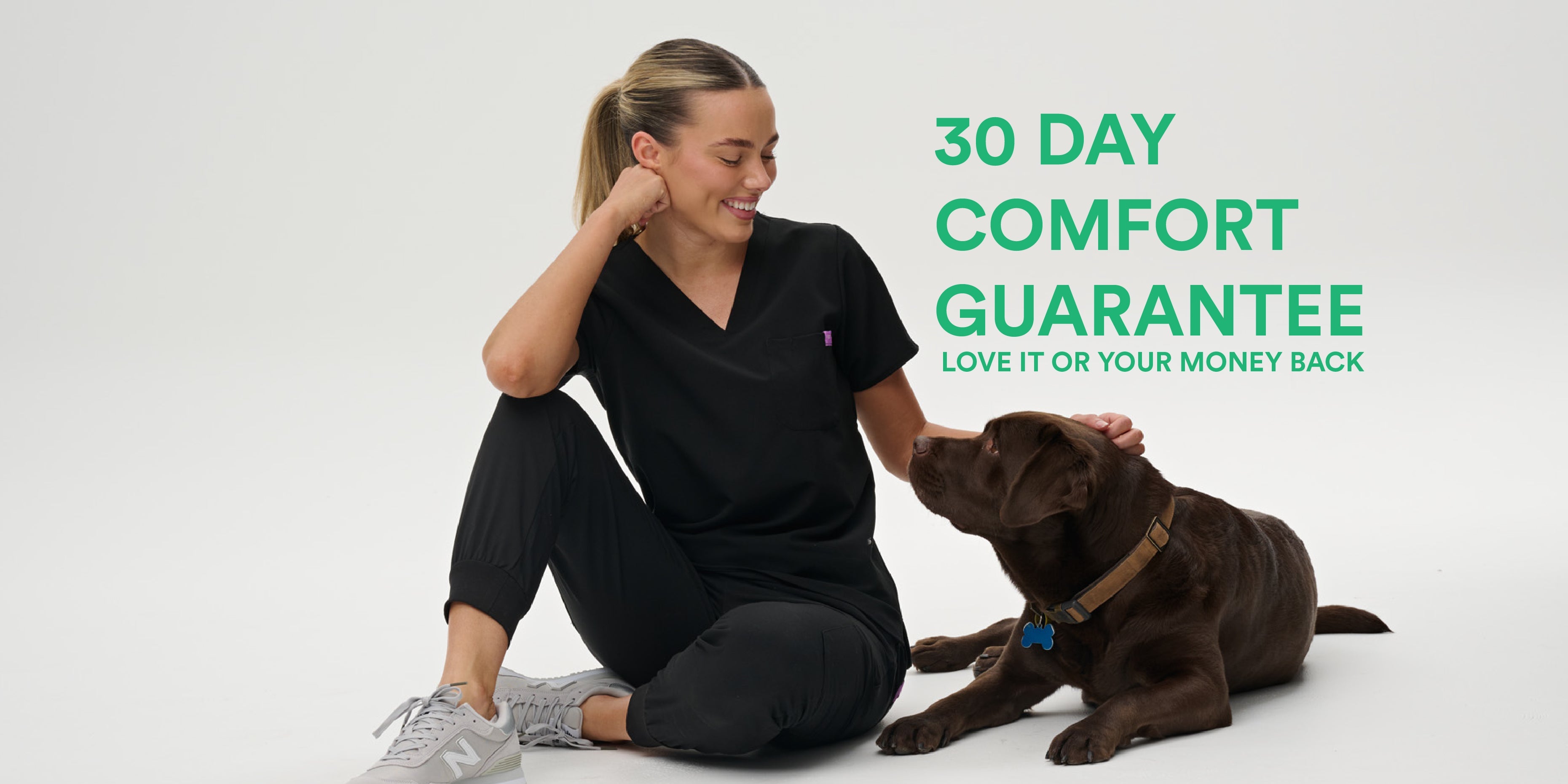 Woman sitting with a dog on a white background, with text about a 30-day comfort guarantee.
